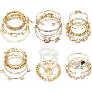 6 PACK (24 PCS) Boho Gold Chain Bracelets Set for Women Girls 14K Gold Plated